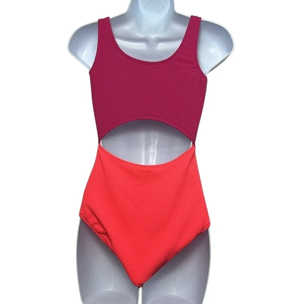 Color-Block Cutout One-Piece Swimsuit for Girls Preppy   bathing suit size 14-16